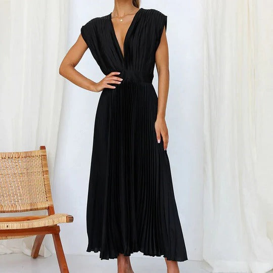 Midi Dress with V Neckline and Adjustable Tie Back, Pleated Skirt