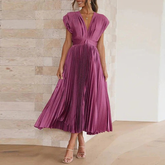 Midi Dress with V Neckline and Adjustable Tie Back, Pleated Skirt