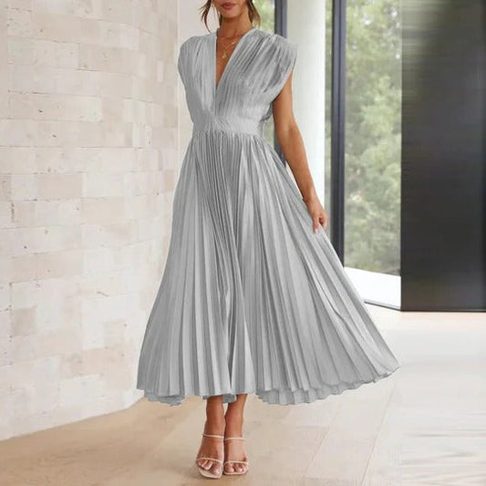 Midi Dress with V Neckline and Adjustable Tie Back, Pleated Skirt